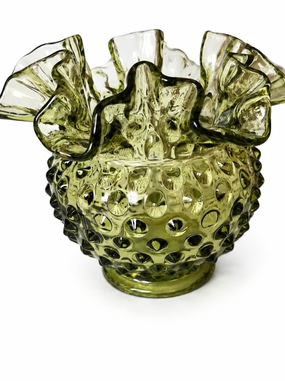 VTG Colohial Green Hobnail Glass Ruffled Vase - Decorative Home Accent - Picture 5 of 7